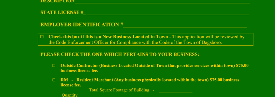 A colored copy of Dagsboro's business registration form