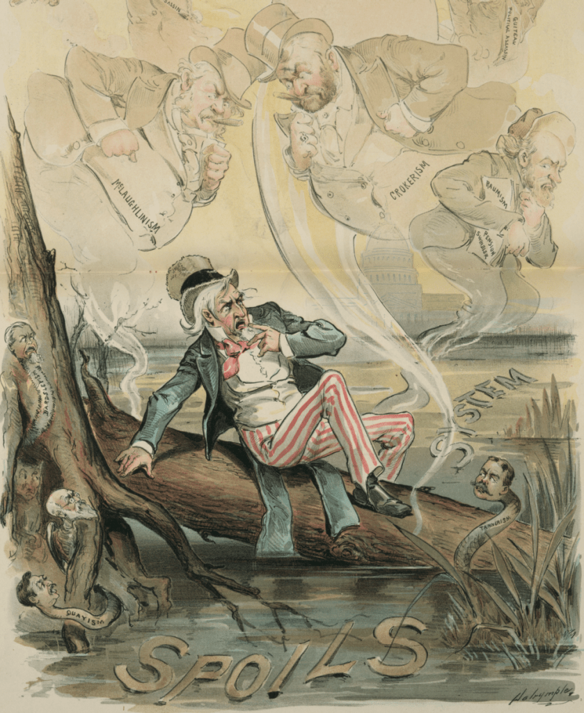 Louis Dalrymple, “Uncle Sam’s Dismal Swamp,” Puck, November 15, 1893, https://www.loc.gov/pictures/resource/ppmsca.29155. Print shows Uncle Sam sitting on a log in a swamp labeled "Spoils System" from which snakes labeled "Quayism", "Bardsleyism", and "Tannerism", and noxious fumes rise in the form of shades labeled "Raumism - Pension Swindler, Crokerism, McLaughlinism, Tweedism, Prendergast - Political Assassin, [and] Guiteau - Political Assassin". Also shown among the tree roots is Charles A. Dana.