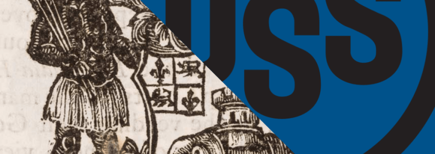 Coat of arms for the Royal African Company on left, and on Right, the logo for US Steel