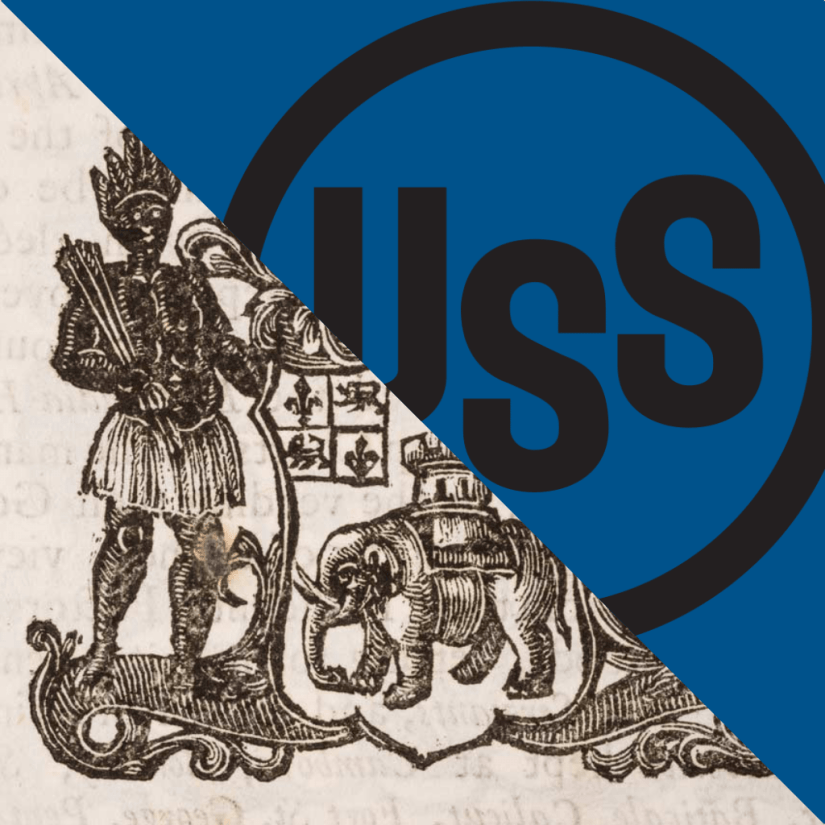 Coat of arms for the Royal African Company on left, and on Right, the logo for US Steel