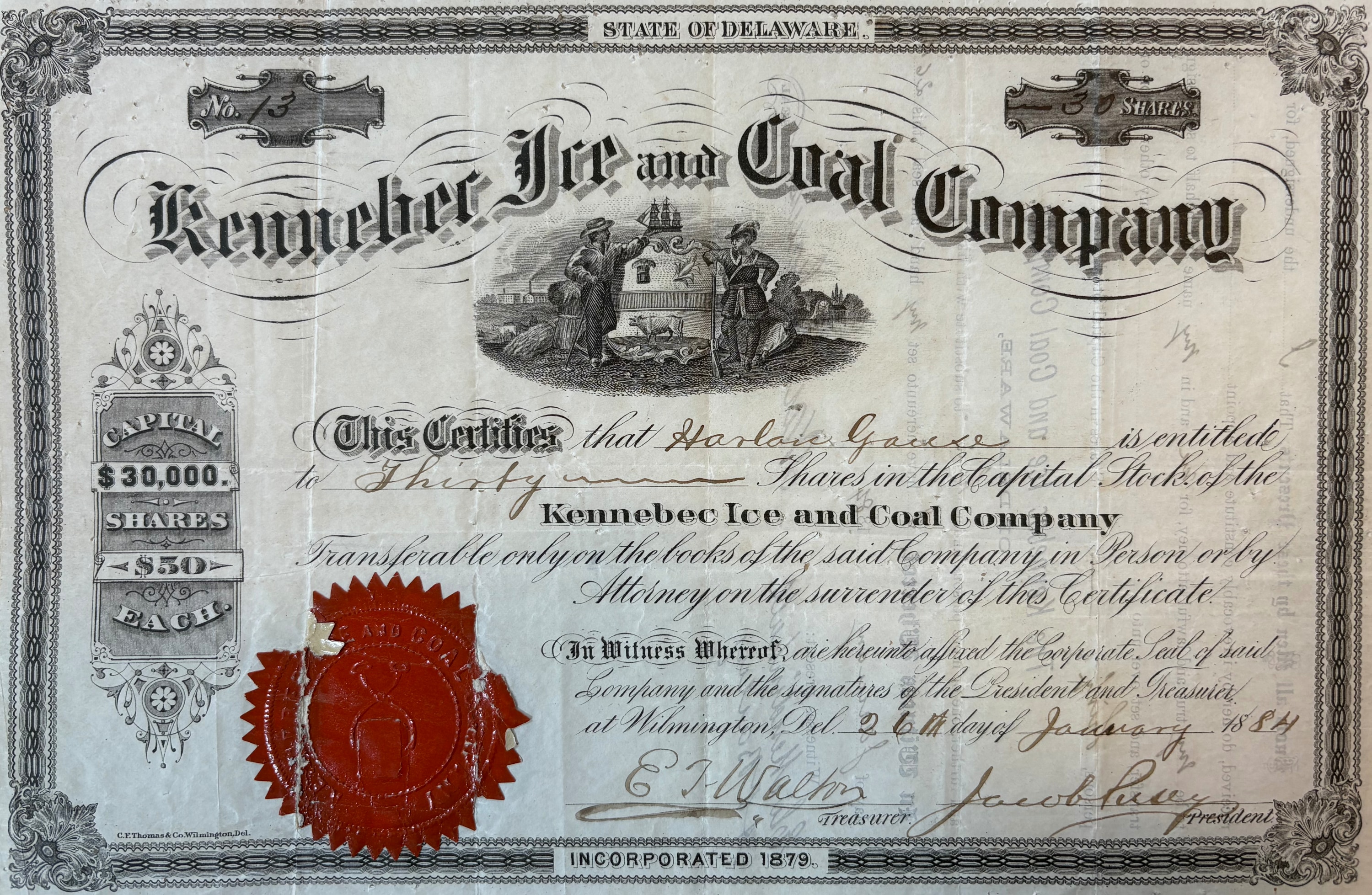 Stock certificate, 30 shares @ $50 par, Kennebec Ice and Coal Company, January 26, 1884, Artisans' Savings Bank of Wilmington, Delaware records, 1861-1960 (1099), Box 164, Item 31, Hagley Library & Museum (Wilmington, DE).