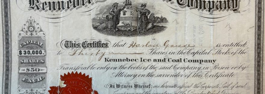Stock certificate, 30 shares @ $50 par, Kennebec Ice and Coal Company, January 26, 1884, Artisans' Savings Bank of Wilmington, Delaware records, 1861-1960 (1099), Box 164, Item 31, Hagley Library & Museum (Wilmington, DE).