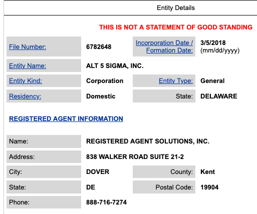 DE Business Entity Filing Search Result for ALT 5 Sigma.