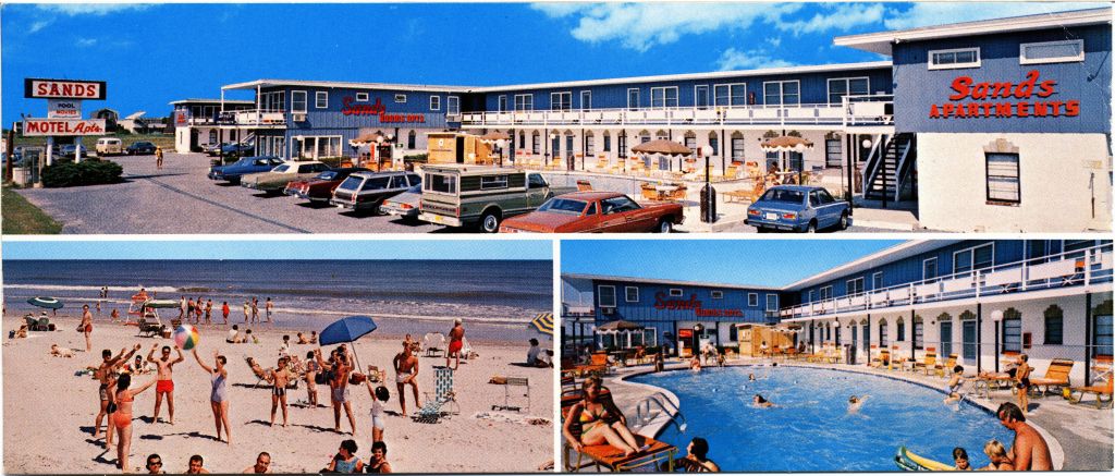 A postcard featuring the Sands Motel in Fenwick Island, DE. Three images: one is a view of the exterior of the hotel and its parking lot; a blue and white building with cars parked outside. A smaller insert features white people in bathing suits at the beach; and a third white people at the motel pool, with the logo and building behind them. Source: Sands Beach Resort Motel, 1979, Postcard, 21 x 9 cm, Special Collections, University of Delaware Library, GRA 0138, Delaware Postcard Collection, https://digitalcollections.udel.edu/Documents/Detail/sands-beach-resort-motel/164590.