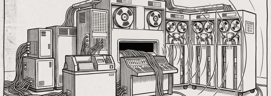 In an AI generated image (Gemini), a mainframe computer opens it's mouth and expels wires and cables, with sound waves moving out of its mouth. White background, black lines, like an editorial newspaper cartoon. It's not subtle.
