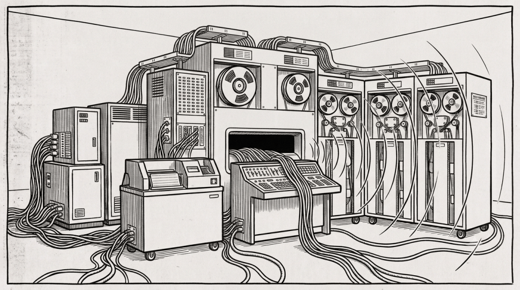 In an AI generated image (Gemini), a mainframe computer opens it's mouth and expels wires and cables, with sound waves moving out of its mouth. White background, black lines, like an editorial newspaper cartoon.
It's not subtle.