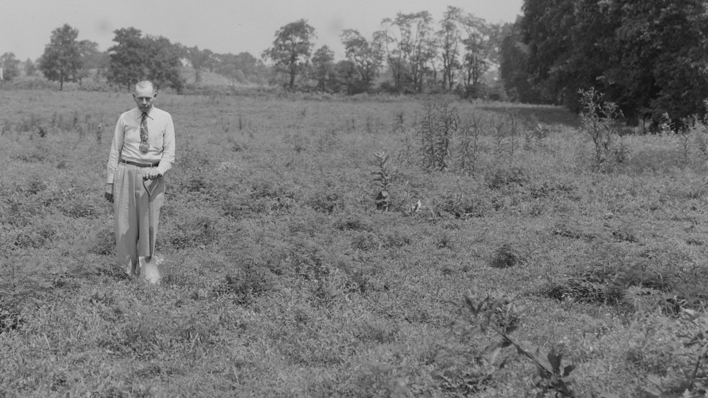 A black and white image of a man wearing business attire (button up shirt, tie, belt, slacks, but no jacket, but with tie) standing with a shovel in a field. His shoulders are slumped; the field looks like an overgrown meadow, with small shrubs and grasses, but a border of trees. It seems to be High Summer or late Spring; everything is leafed-tf-out. Citation: Lafayette Studios, Irving Air Chute; Digging Dirt; Man in a Field Holding a Shovel, January 10, 1942, Black-and-white photograph, University of Kentucky, https://exploreuk.uky.edu/catalog/xt7z348gg90h_3_326.