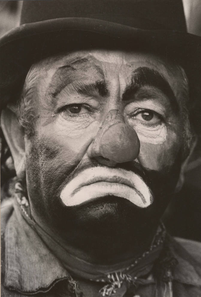 Source: Jerry Joschko, Circus Clown, 1970s, b/w photograph, Ball State University Digital Media Repository, https://dmr.bsu.edu/digital/collection/JoschJerry/id/178.
